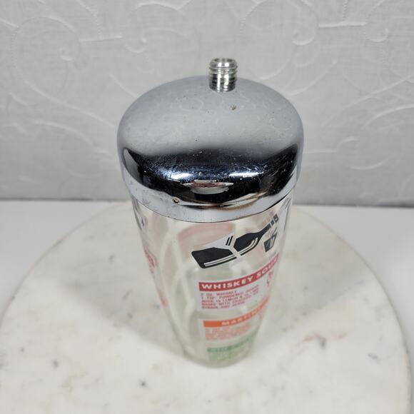 Vintage MCM Glass Cocktail Recipe Shaker 9" Silver Clear Liquor Drink Mixer - Picture 7 of 14